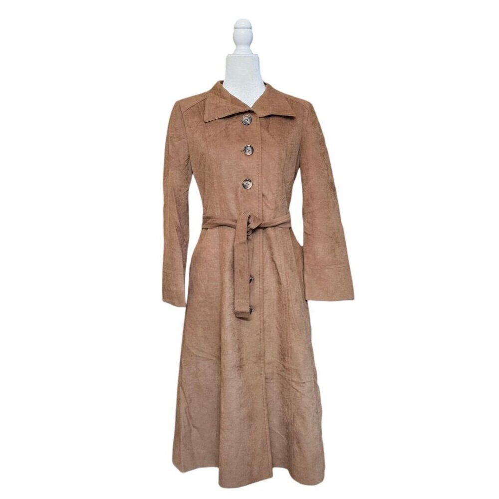 Vintage Mar-Del Mar Del brown long coat button up w/ belt repels rain &stains S